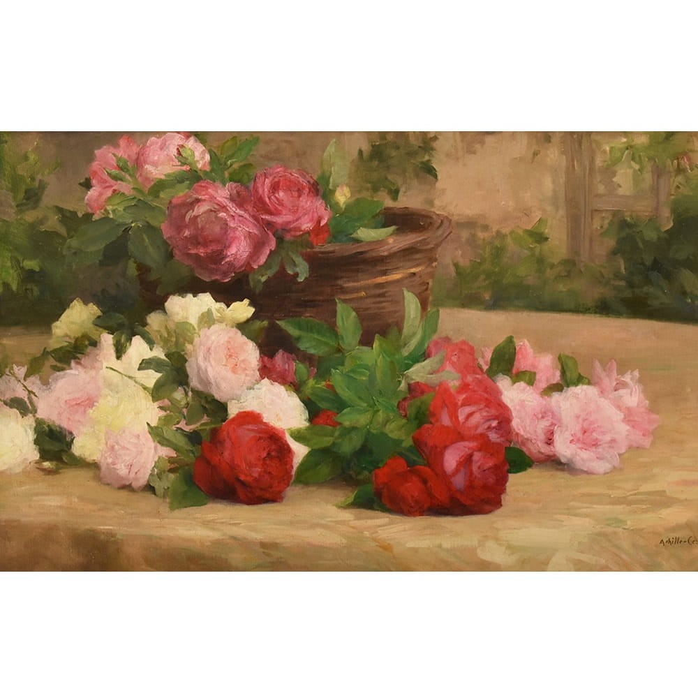 QF783 3a antique floral roses painting flower oil still life XIX